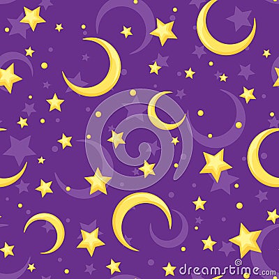 Seamless pattern with yellow stars and crescents on purple. Vector illustration. Vector Illustration