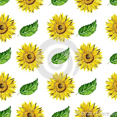 Seamless pattern with yellow sunflower and green leaves isolated on white background. Watercolor gouache hand drawn illustration Cartoon Illustration