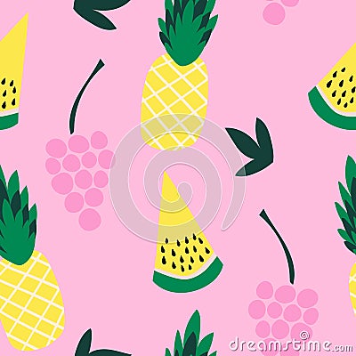 Seamless pattern of yellow watermelon and grapes on a pink background. Vector Illustration