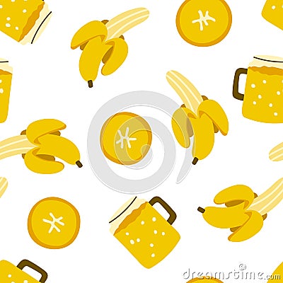 Seamless pattern with yellow whole and slices of bananas and juice in a glass. Juicy and tasty fruits for a summer print Vector Illustration