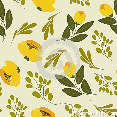 Seamless pattern, yellow wildflowers poppies and twigs with leaves on a light green background. Print, textile, wallpaper Vector Illustration