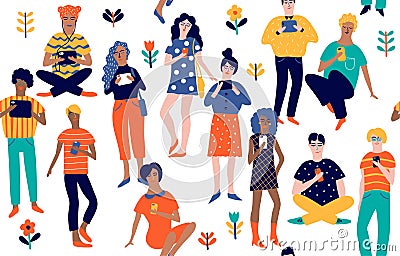 Seamless pattern with young people with gadgets Vector Illustration
