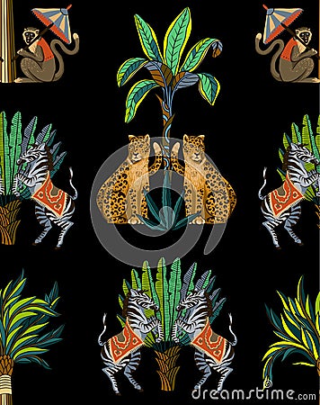 Seamless pattern with zebra, leopard, monkey and jungle trees. Vector. Vector Illustration