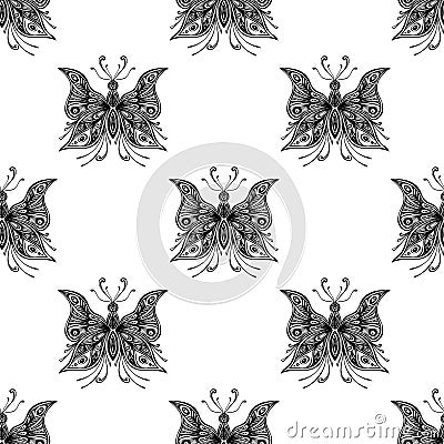 Seamless pattern with zentangle butterflies in black white Vector Illustration