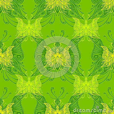 Seamless pattern with zentangle butterflies in green Vector Illustration