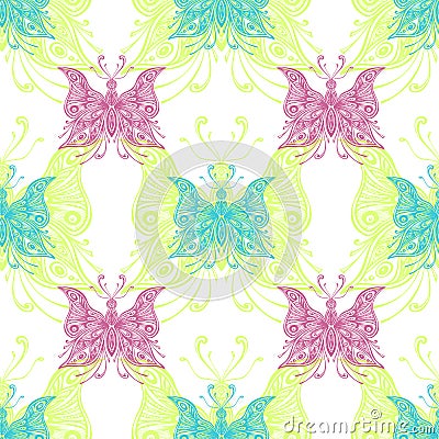 Seamless pattern with zentangle butterflies light green lilac on white Vector Illustration