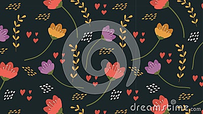 Seamless patterned background with cartoonish colourful flowers. Cute botanical shapes, leaves, decorative abstract vector Vector Illustration