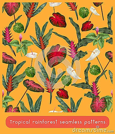 Seamless patterns art of tropical rainforest flowers Vector Illustration