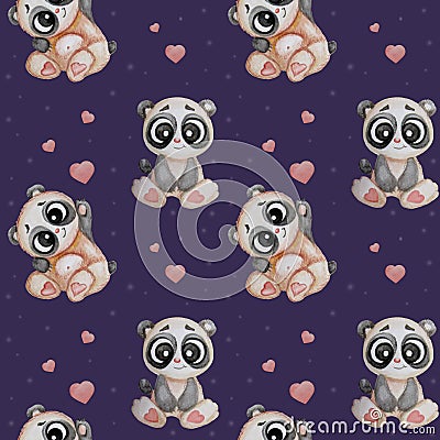 Seamless patterns with bears. Cute funny panda with different emotions on a purple background with hearts. Watercolor Stock Photo
