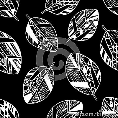 Seamless patterns. Black and white illustration. Abstract leaves on a black background. Stock Photo
