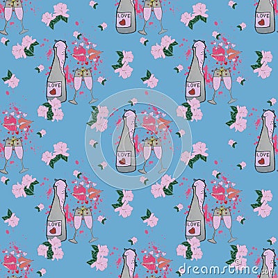 Seamless patterns, blue background, roses, flowers, champagne, holiday, heart, kiss, lips Stock Photo