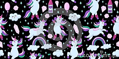 Seamless patterns. Cartoon unicorns are doing sports, jumping and having fun. Children's clothing print design. Vector Vector Illustration