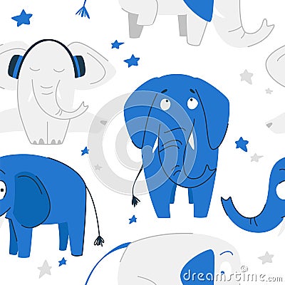 Seamless patterns. Concept for a child. Blue elephant, gray elephant with headphones on twine, stars Vector Illustration