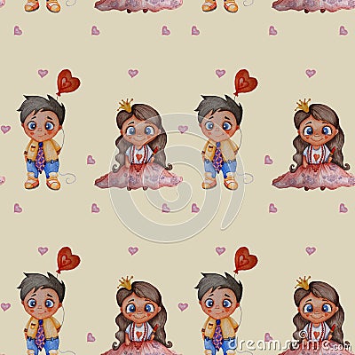 Seamless patterns. A couple in love - a playful baby princess with long hair and lipstick in her hands and a boy in a Stock Photo