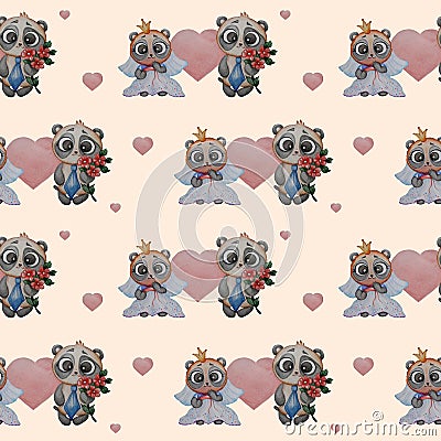 Seamless patterns. Couple of pandas in love. The groom with a bouquet of red flowers and the bride in a veil and crown on a light Stock Photo