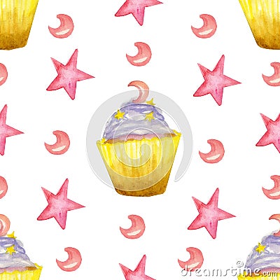 Watercolor pattern with purple puncakes and star and moon Stock Photo