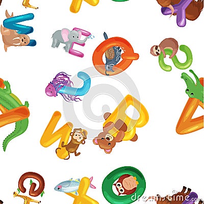 Animals alphabet background, Set of cartoon English type letters Vector Illustration