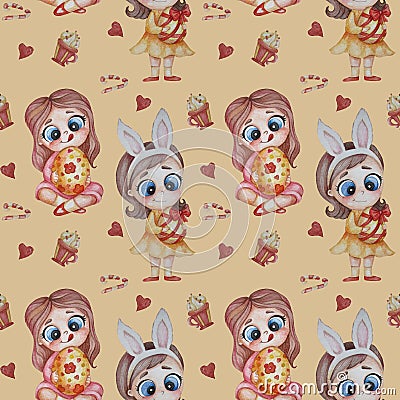 Seamless patterns - Easter pattern. Cute girls with bunny ears on their heads and Easter eggs in their hands on a yellow Stock Photo
