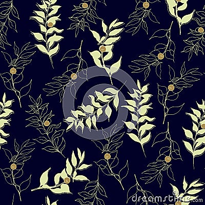 Seamless patterns for fabric from golden branches on a black background. Vector illustration for paper, tiles, fabrics Vector Illustration