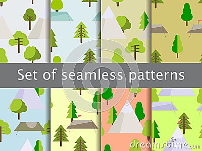 Seamless patterns with flat trees, tents and mountains. Adventures and trekking. Vector Vector Illustration