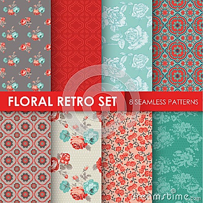 8 Seamless Patterns - Floral Retro Set Vector Illustration