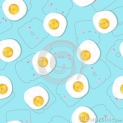 Seamless patterns with fried egg and bread on blue backgroun Cartoon Illustration