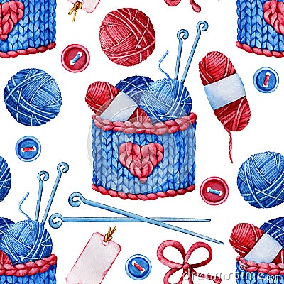 Seamless patterns with knitted basket for knitting with a large pattern, yarn and knitting needles. Hand drawn watercolor Cartoon Illustration