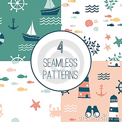 4 Seamless patterns with nautical design elements Vector Illustration