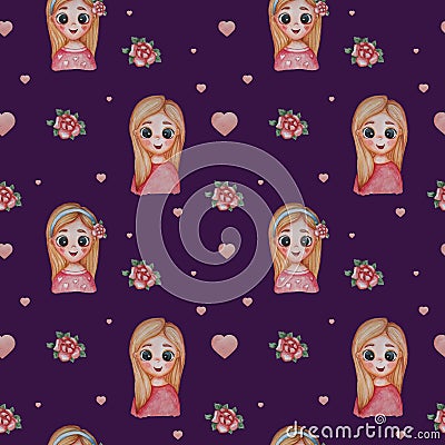 Seamless patterns. Portrait of girls blondes with a haircut and a smile on a dark purple background with flowers roses Stock Photo