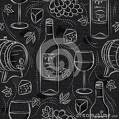 Seamless patterns with red wine set, cask, barrel, wineglass, grape and cheese on black chalkboard. Ideal for printing onto fabric Vector Illustration
