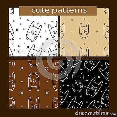 Seamless patterns set with cute cartoon rabbit. Vector Illustration