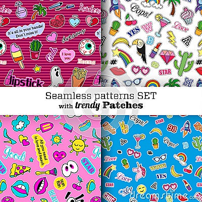 Seamless patterns set with fashion patch badges. Vector Illustration