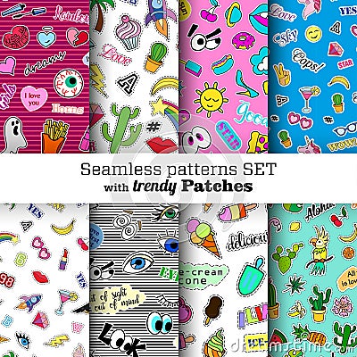 Seamless patterns set with fashion patch badges. Vector Illustration