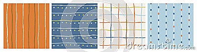 Seamless patterns set with hand-drawn stripes, tiny line grid and dots. Modern minimalistic backgrounds, repeating print Vector Illustration