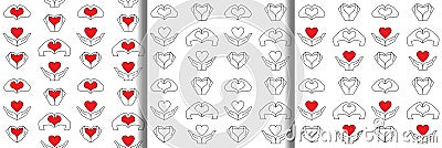 Hand and Heart seamless patterns set Vector Illustration