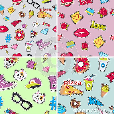 Seamless Patterns Set with Patch Objects for Teens Vector Illustration