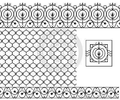 Seamless patterns set for wrought iron railing, grating, lattice Vector Illustration