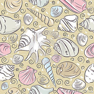 Seamless Patterns with summer symbols, shellfish and clams on Vector Illustration