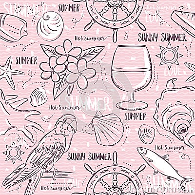 Seamless Patterns with summer symbols,ship rudder, parrot, coc Vector Illustration