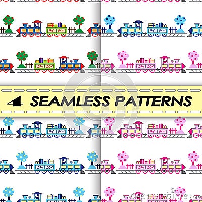 Seamless patterns with trains Vector Illustration