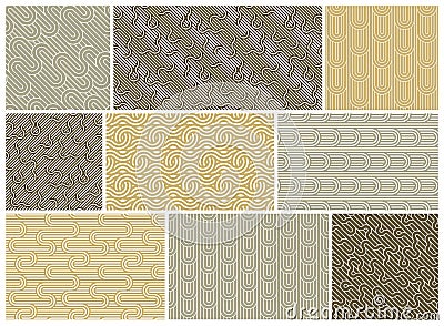 Seamless patterns with twisted lines, vector linear tiling backgrounds set, stripy weaving, optical maze. Vector Illustration