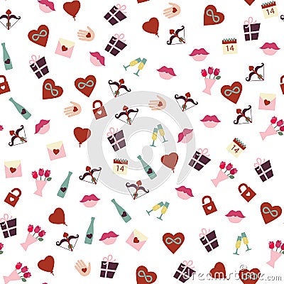 Seamless patterns for Valentines Day sweet kiss, gift box, red heart. Vector Vector Illustration