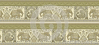 Seamless peacock and elephant border with traditional Asian design elements Stock Photo