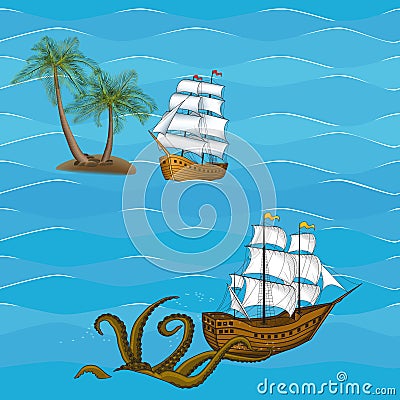 Seamless picture vintage sailing ship Vector Illustration