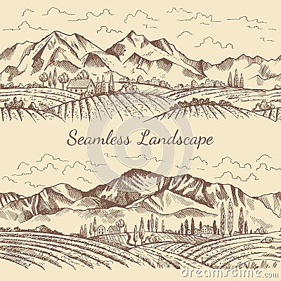 Seamless pictures of nature landscape. Vineyard or countryside illustrations Vector Illustration