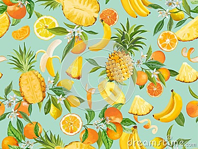 Seamless pineapple, banana, lemon, mandarin, orange pattern with summer fruits, leaves, flowers background Vector Illustration