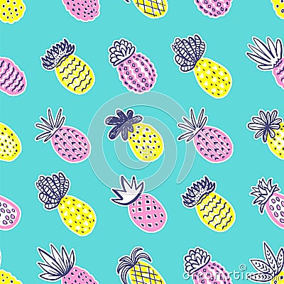 Seamless pineapple pattern. Handdrawn Pinapple with different textures in pastel colors on blue teal background. Exotic Vector Illustration