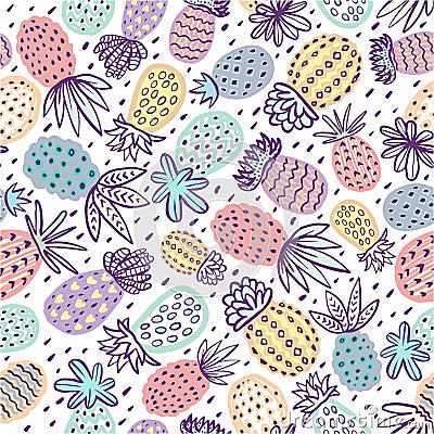 Seamless pineapple pattern. Handdrawn Pinapple with different textures in pastel colors. Exotic fruits background For Vector Illustration