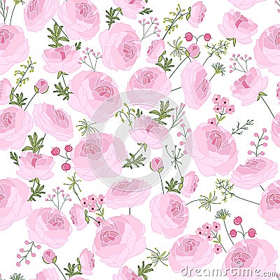 Seamless pink floral pattern with ranunculus Vector Illustration