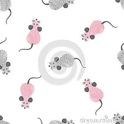 Seamless pink and grey cute mouse pattern Vector Illustration